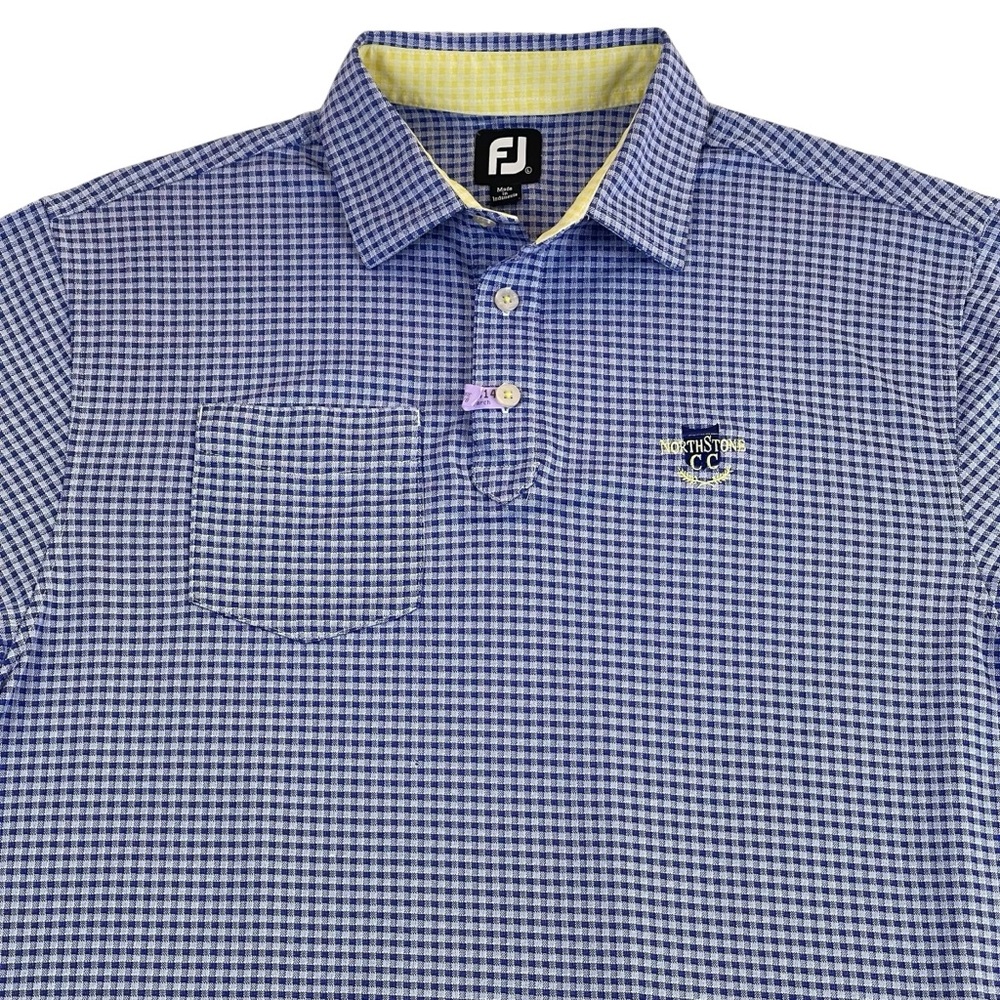 FJ Footjoy Geometric Polo Golf Shirt Mens Large Blue Pocket North Shore CC